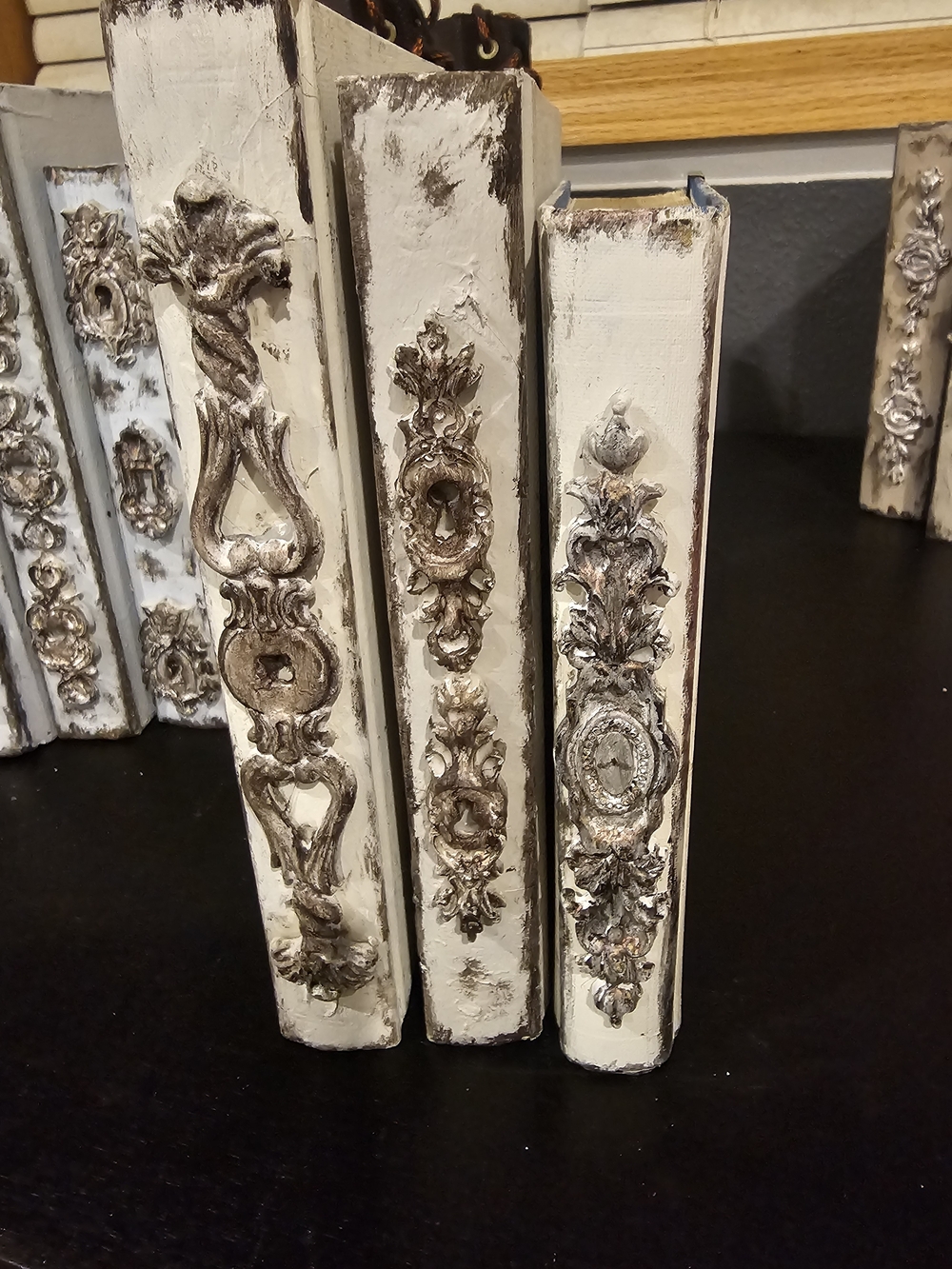 Rustic Decorative Accent Books 3 in Cream with Antique Silver Detailing